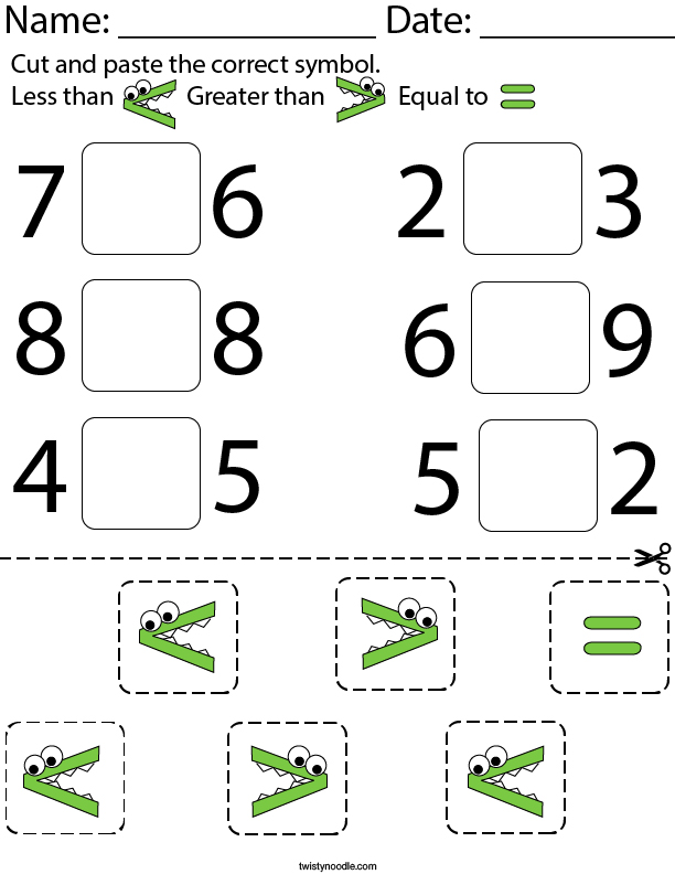 Cut and paste the correct symbol Math Worksheet - Twisty Noodle